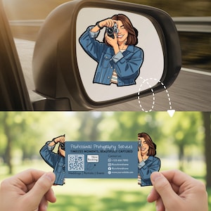 May include: A car side mirror with a sticker of a smiling person holding a camera. Below, a business card with the text "Professional Photography Services" and contact information is held up.