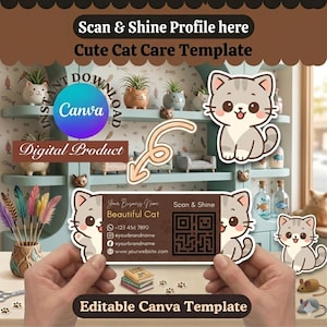 Puede incluir: Una plantilla digital para el cuidado de gatos, que presenta un diseño de tarjeta de visita con una linda ilustración de gato. La tarjeta incluye información de contacto y un código QR. La imagen también muestra elementos decorativos como macetas temáticas de gatos y un juguete de ratón.