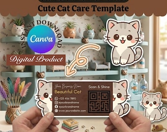 Pet Business Card | Die-Cut Cat Business Card | QR Code Design | Canva Editable Template