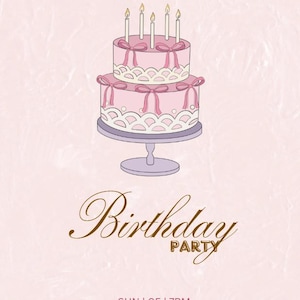 Puede incluir: Invitación rosa para fiesta de cumpleaños con una tarta de dos pisos con velas. La invitación incluye el texto "You are invited to Roosei's Birthday Party" y detalles del evento.