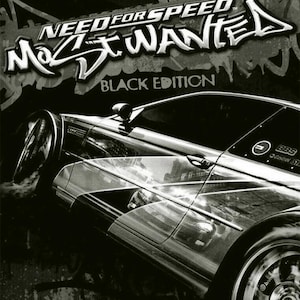 May include: Black and white image of the video game "Need for Speed: Most Wanted - Black Edition." The game's title is in a stylized font above a grayscale image of a sports car. The EA logo is at the bottom.