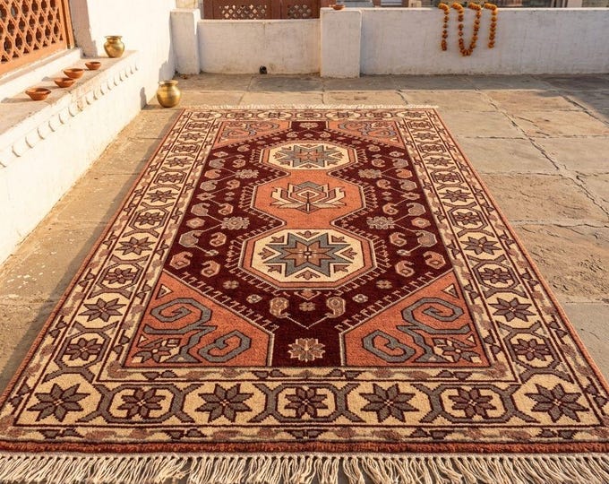 Featured listing image: Hand Knotted Wool Tribal Rug, Vintage Geometric Medallion Carpet, Rustic Boho Home Décor