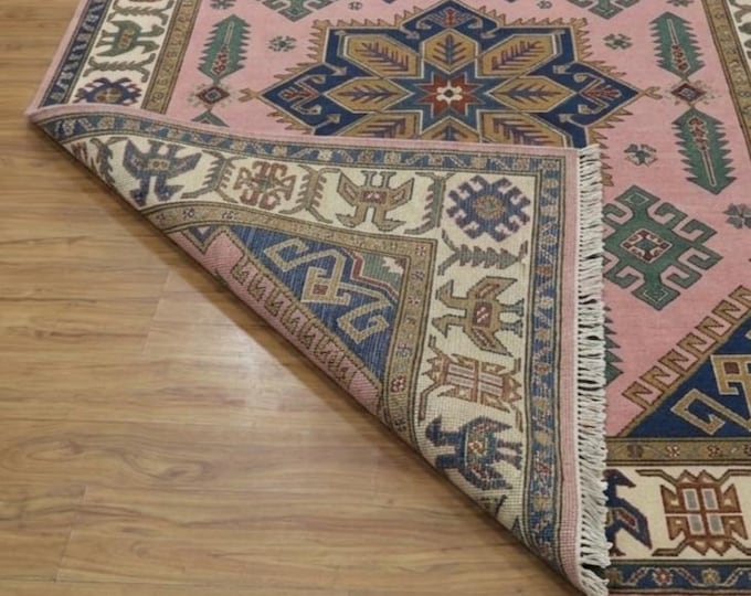 Featured listing image: Hand-Knotted Wool Rug | Pink Traditional Geometric Carpet, Bhadohi Artisan Craftsmanship luxury floor plans