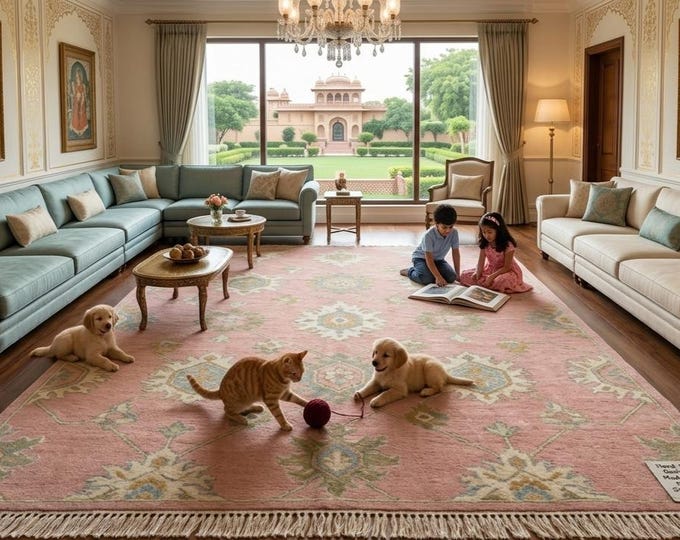 Featured listing image: Hand-Knotted Oushak Wool Rug, Pastel Pink Sage Floral Area Carpet, Indian Artisan Craftsmanship
