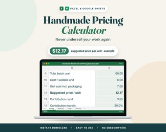 Calculator voor handgemaakte prijzen, spreadsheet voor ambachtelijke prijzen, calculator voor productkosten en winstmarge voor kleine bedrijven