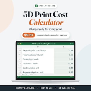 3D Print Cost Calculator Excel, FDM Filament Pricing Spreadsheet (Digital Download)