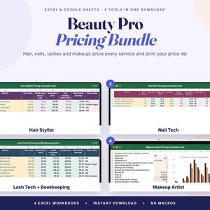 May include: A digital bundle titled Beauty Pro Pricing Bundle featuring four Excel and Google Sheets templates for hair, nails, lashes, and makeup services. The image displays four spreadsheet interfaces with columns for pricing, earnings, and service status.