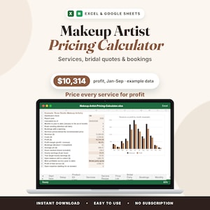 May include: A digital spreadsheet template titled Makeup Artist Pricing Calculator for Excel and Google Sheets. The interface displays financial data, service lists, and a bar chart showing revenue versus profit for a makeup business.
