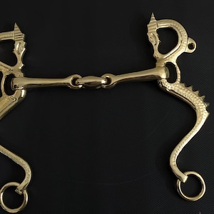 Op de afbeelding: Een goudkleurige paardenbit met een decoratief ontwerp. De bit heeft een gebogen vorm met sierlijke details, waaronder een gestileerde kop aan de bovenkant en een ring aan de onderkant. De bit is gemaakt van metaal en is ontworpen voor gebruik met een paardenhoofdstel.
