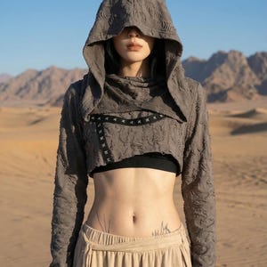 Hooded Crop Top for Women, Textured Festival Top, Boho Goth Clothing, Fairy Grunge Hoodie, Long Sleeve Rave Top, Alternative Fashion