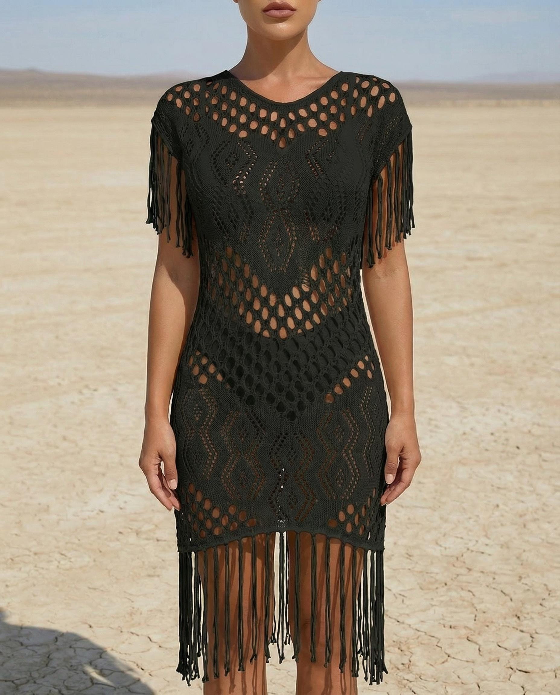 chinese dress ladies Black Crochet Petal Long Slip Dress