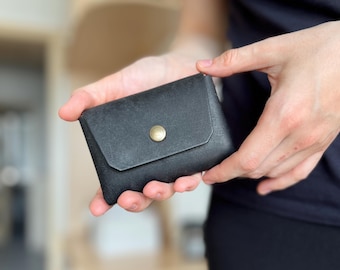 Compact Mini Leather Wallet ATHENA - GLOSSY Edges | Big Capacity | Small Minimalist Handmade Snap Button Boho Coinwallet | Women Cardholder