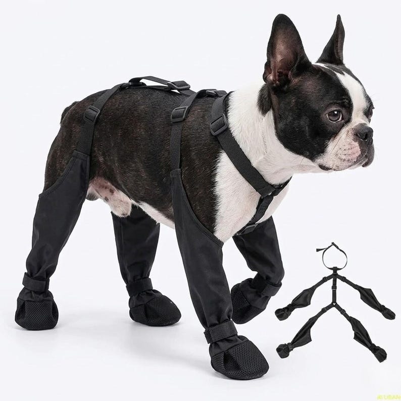 Peut inclure: Un bouledogue bostonien noir et blanc portant un harnais noir avec des couvre-jambes et des bottines. Un harnais s&eacute;par&eacute; et d&eacute;mont&eacute; est montr&eacute; &agrave; c&ocirc;t&eacute; du chien. Le chien est sur une surface blanche.