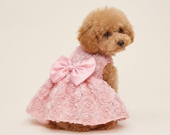 Pink Floral Dog Princess Dress with Satin Bow – Small Puppy Party Outfit