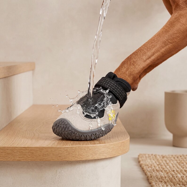 Puede incluir: Una pata de perro con una bota impermeable beige y negra es salpicada con agua. La bota tiene una correa negra y una suela gris. La pata del perro descansa sobre un escal&oacute;n de madera. El fondo es de color neutro.