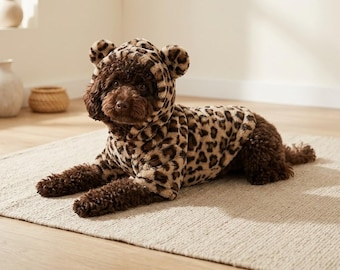 Leopard Print Dog Hoodie with Ears – Cozy Fleece Pet Apparel for Small Cats