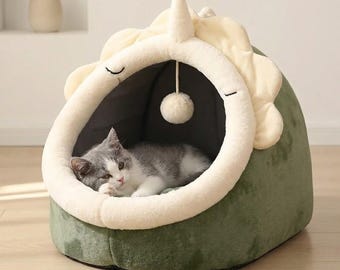 Cama cueva para gatos con dibujos animados, nido plegable de algodón para mascotas, almohadilla transpirable y cómoda lavable.