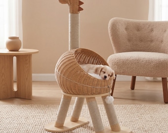 Dinosaur Cat Tree Tower-Large Rattan Cat Condo Sisal-Scratching Post Indoor Wicker Cat Bed-Removable Mat Multi Level Cat Furniture Toy