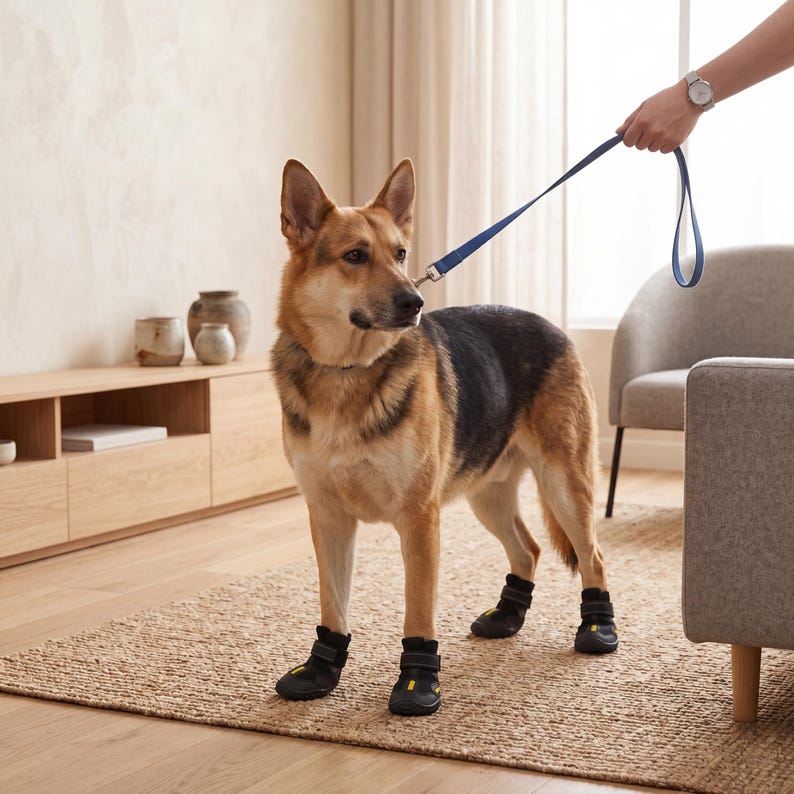 Puede incluir: Un perro pastor alem&aacute;n con botas negras para perros con detalles amarillos, de pie sobre una alfombra tejida. El perro est&aacute; con una correa azul, sujeta por una persona. El perro tiene pelaje marr&oacute;n y negro.