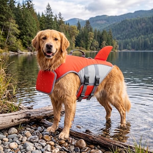 May include: A golden retriever stands in water, wearing an orange and gray dog life vest with a shark fin design. The dog is in a lake with a forest and mountains in the background. The vest has adjustable straps and a handle.