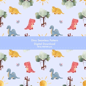 Könnte beinhalten: Ein nahtloses Muster mit Aquarellillustrationen von gelben, rosa und blauen Dinosauriern, zusammen mit Bäumen, Schmetterlingen und Sonnen auf hellblauem Hintergrund. Der Text "Dino Seamless Pattern Digital Download" wird angezeigt.