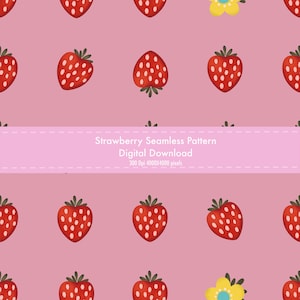 Könnte beinhalten: Nahtloses Muster mit roten Erdbeeren mit weißen Samen und grünen Stielen, durchsetzt mit gelben Blumen, vor einem rosa Hintergrund. Der Text "Strawberry Seamless Pattern Digital Download" ist auf einem rosa Banner zu sehen.