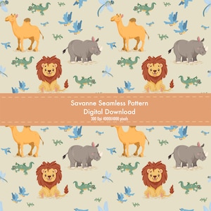 Könnte beinhalten: Nahtloses Muster mit Cartoon-Illustrationen von Kamelen, Löwen, Nashörnern, Eidechsen, Libellen und Vögeln. Der Hintergrund ist hellbeige. Der Text "Savanne Seamless Pattern Digital Download" ist auf einem Banner zu sehen.