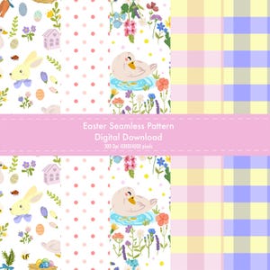 Könnte beinhalten: Ein digitales nahtloses Ostermuster mit vier verschiedenen Designs. Eines zeigt einen gelben Hasen, Eier und Blumen. Ein anderes hat rosa Tupfen. Das dritte zeigt eine Ente in einem Teich mit Blumen. Das letzte ist ein gelb-lila kariertes Muster.