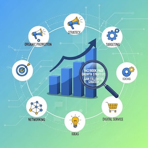 May include: An infographic illustrating Facebook page growth strategy. The image features a bar graph with an upward trend, surrounded by icons representing strategy, organic promotion, targeting, ideas, networking, and digital service. A magnifying glass highlights "Facebook Page Growth Strategy."