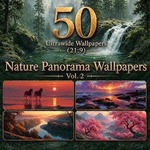 Könnte beinhalten: Digitales Kunstwerk mit "50 Ultrawide Wallpapers (21:9)" von Naturpanoramen, Vol. 2. Das Bild zeigt einen Wasserfall, üppiges Grün und vier Landschaftsbilder mit Sonnenuntergängen, Pferden und malerischen Ausblicken.
