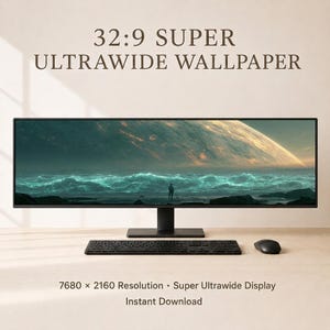 Op de afbeelding: Een zwarte super ultrawide computermonitor met een landschapsafbeelding, een toetsenbord en een muis. De monitor toont een scène met een persoon die op een rotsachtige oever staat, met een grote planeet op de achtergrond. De tekst op de afbeelding luidt "32:9 SUPER ULTRAWIDE WALLPAPER".