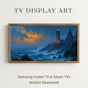May include: A framed digital art print featuring a lighthouse on a rocky coast under a dramatic sky. The artwork has a dark blue and orange color palette, with the text "TV DISPLAY ART" at the top and "Samsung Frame TV & Smart TVs Instant Download" at the bottom.