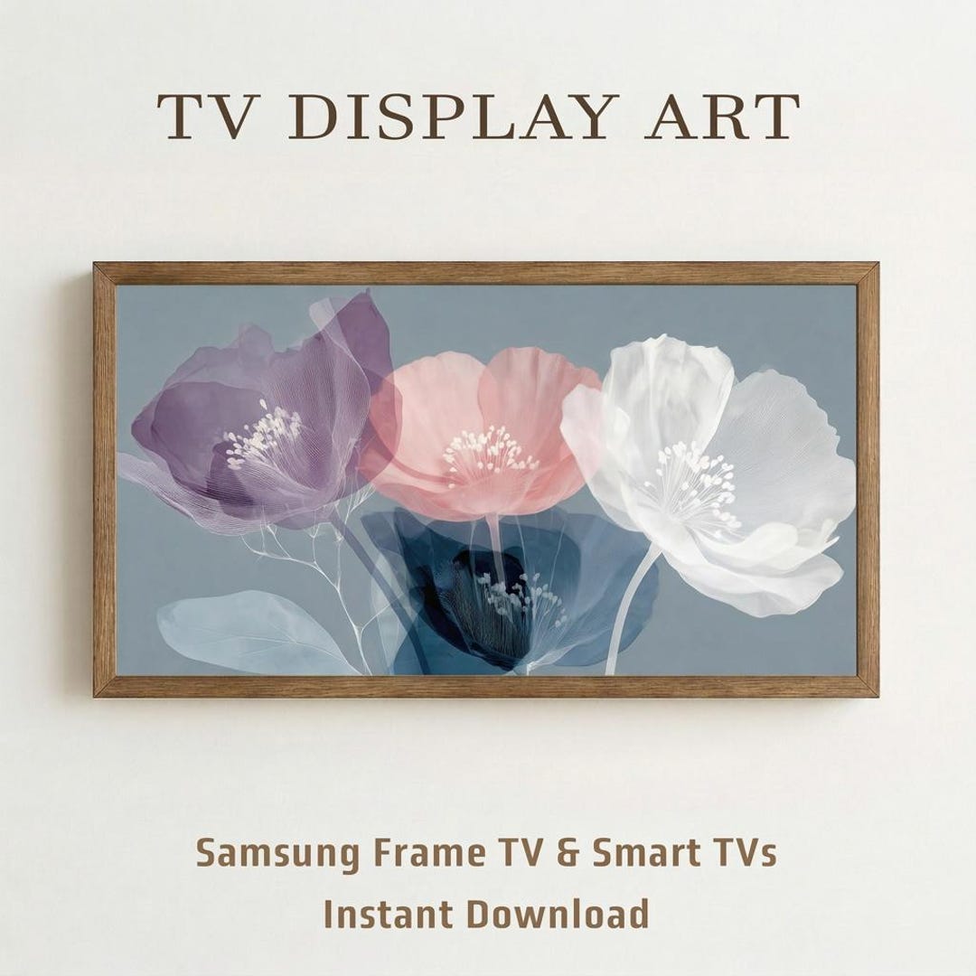 Elegant Sheer Floral TV Frame Art | Soft Blush and White Poppy Digital ...