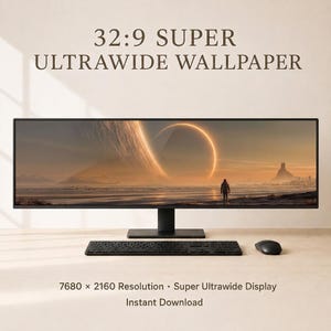 May include: A black ultrawide computer monitor with a landscape wallpaper, keyboard, and mouse. The monitor displays a futuristic scene with a person standing before a large ring. Text on the image reads "32:9 SUPER ULTRAWIDE WALLPAPER" and "7680 x 2160 Resolution • Super Ultrawide Display • Instant Download."
