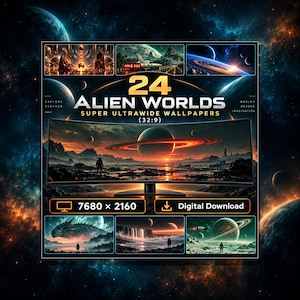 May include: A digital collection of 24 alien worlds super ultrawide wallpapers in 32:9 aspect ratio and 7680 x 2160 resolution. The graphic features a curved monitor displaying a space landscape with planets, stars, and silhouettes of figures.