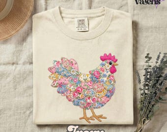 Floral Faux Patchwork Chicken Comfort Colors® Shirt, %100 Cotton Cottagecore Style Apparel, S-3XL