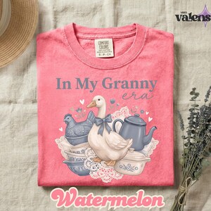 May include: A pink t-shirt with the text "In My Granny era" and a graphic of a goose, chicken, teapot, and bowls. The word "Watermelon" is at the bottom. The shirt is a Comfort Colors brand.