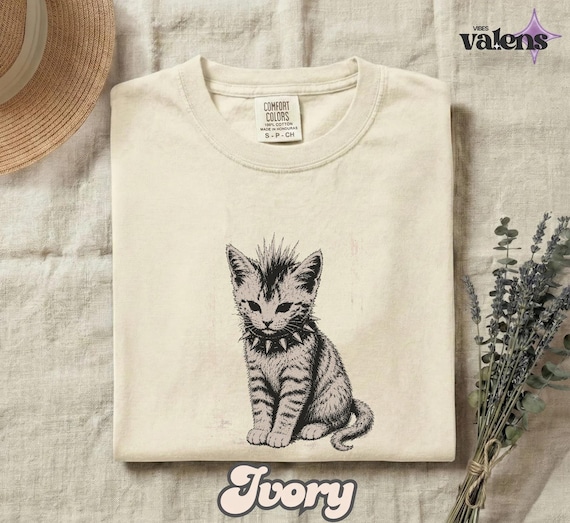 Vintage Punk Kitten Comfort Colors® Shirt, Edgy Mohawk Cat Tee, Spiked Collar Goth Cat Lover Outfit