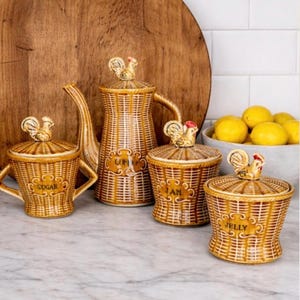 Vintage keramische ontbijtset met gevlochten haan in majolicastijl, 4 stuks