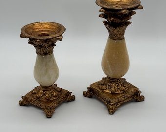 Vintage Alabaster and Giltwood Candleholders Pair