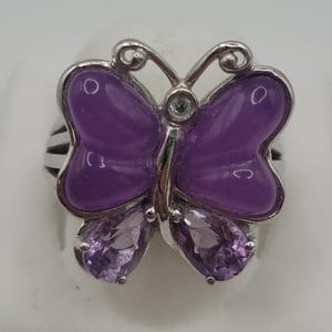 Sterling Silver Butterfly Ring | Purple Chalcedony Jade & Amethyst Butterfly Statement Ring | 925 Silver Split Shank | Size 7.25 | 9.36g