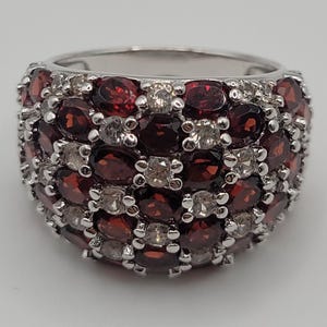 Vintage 1990s Statement Ring | High-Dome Pavé Cluster Cocktail Ring Set with Brilliant Red Garnets & White Accents | Size 7.75 | 9.12g