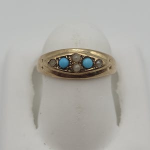 Antique Victorian 9CT Gold Turquoise & Seed Pearl Ring | 9K Gold Marquise Flush Set Band | Sizing Beads | PSF Maker's Mark | December B- Day