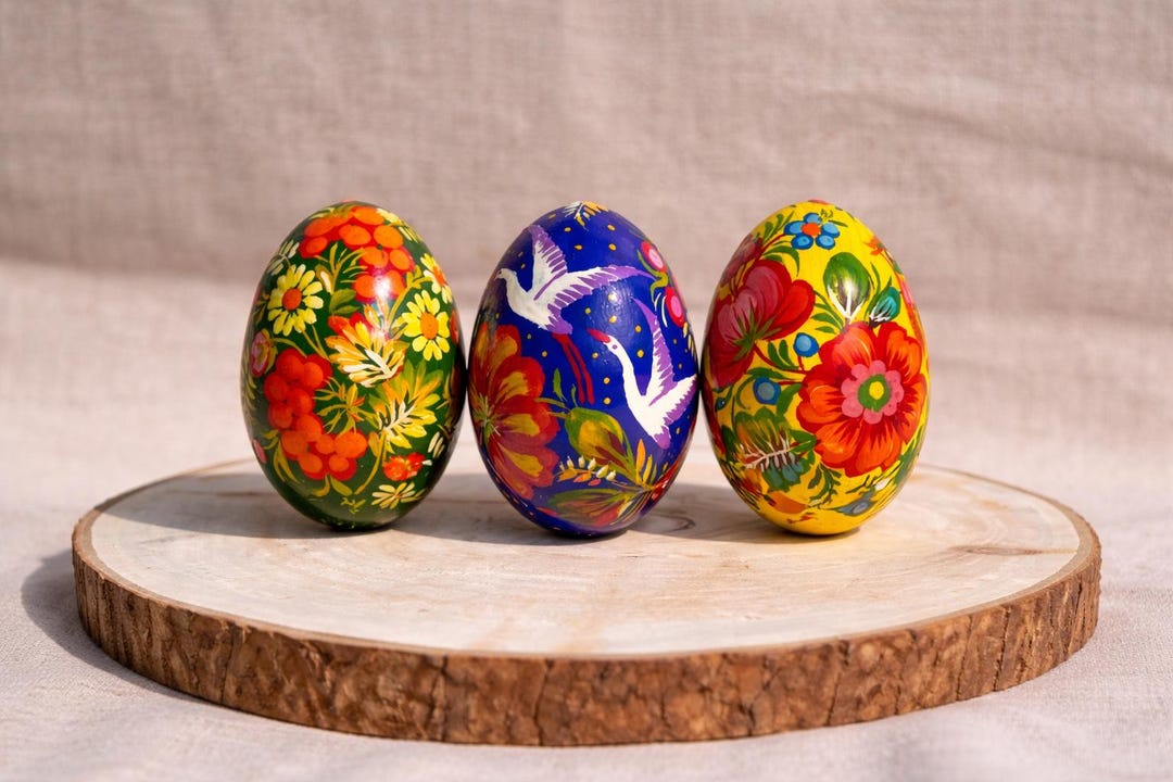 Set of Hand Painted Wooden Easter Eggs, Ukrainian Petrykivka Folk Art ...