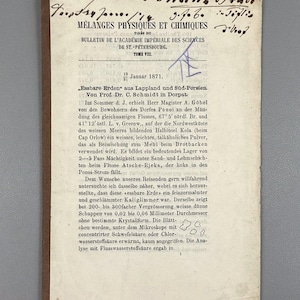 Puede incluir: Un documento antiguo con notas manuscritas y texto impreso en alemán. El título "Mélanges Physiques et Chimiques" es visible, junto con la fecha "Januar 1871". El papel está envejecido, con signos visibles de desgaste.