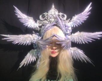 Ethereal Angel Wing Crown Headpiece, Iridescent Fairy Halo, Gothic Baroque Fantasy Cosplay