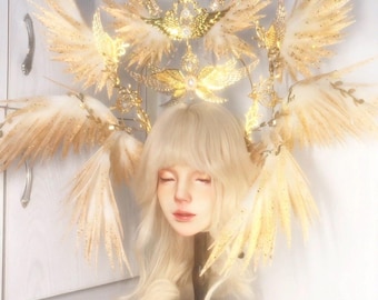 Golden Angel Wing Crown Headpiece, Baroque Feather Halo Headdress, Celestial Fantasy Crown