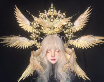 Golden Angel Wing Crown Headpiece, Baroque Celestial Halo Headband