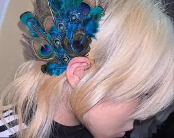 Handcrafted Peacock Feather Ear Cuff, Blue Green Iridescent Hair Accessory