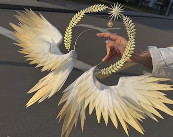 Angel Feather Wings Headdress，Golden Angel Wing Headpiece, Halo Crown Headband